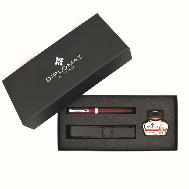 Diplomat, Geschenkset, Excellence A2 Magma Rot mit 1er Lederetui und Tintenglas